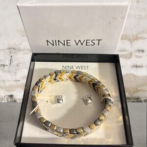 Nine West Two-Tone Gold and Silver Chevron Bracelet with Stud Earrings